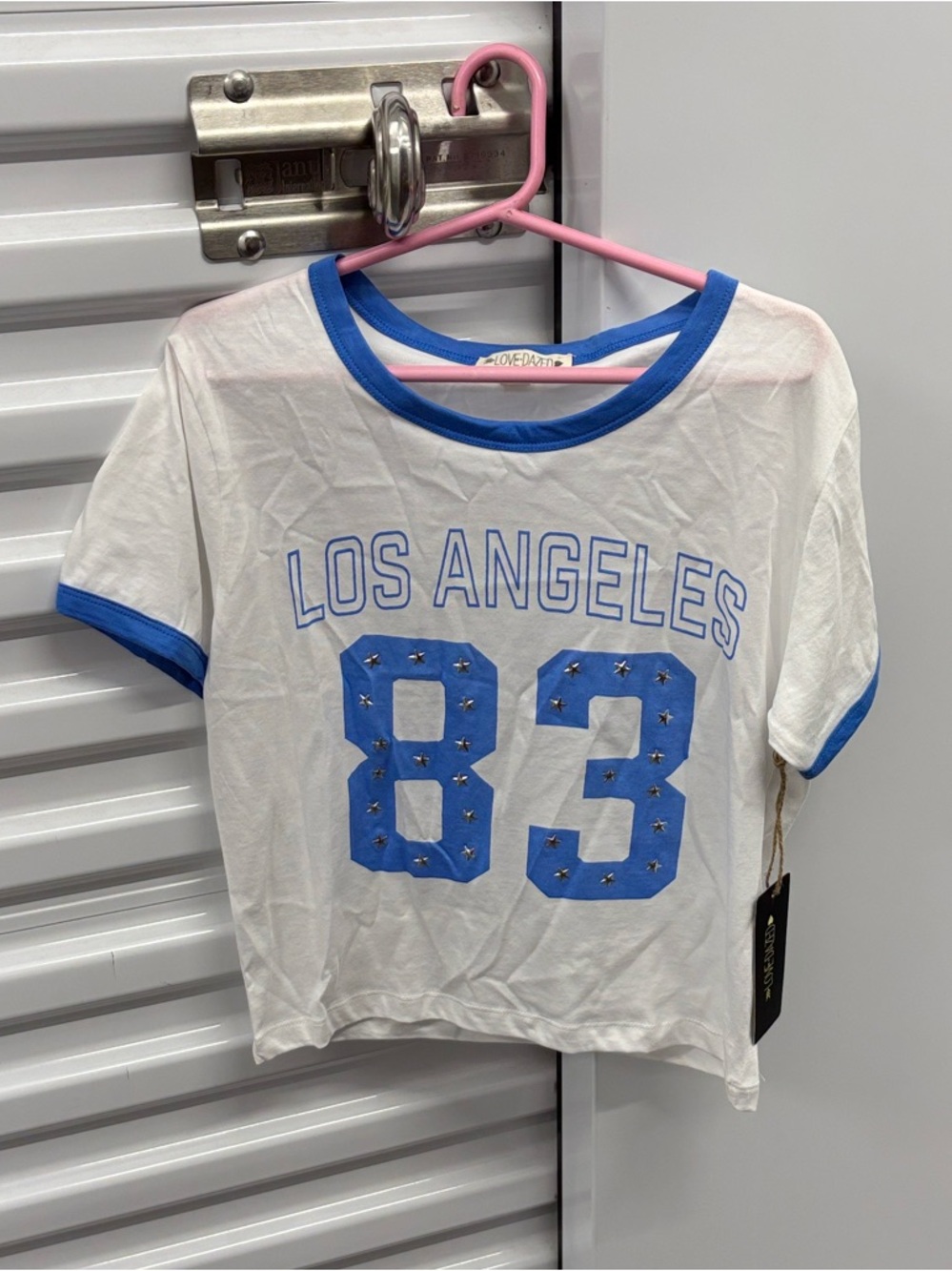 NWT Love Dazed Los Angeles '83 Ringer Tee in Blue & White Star Studs Cropped M